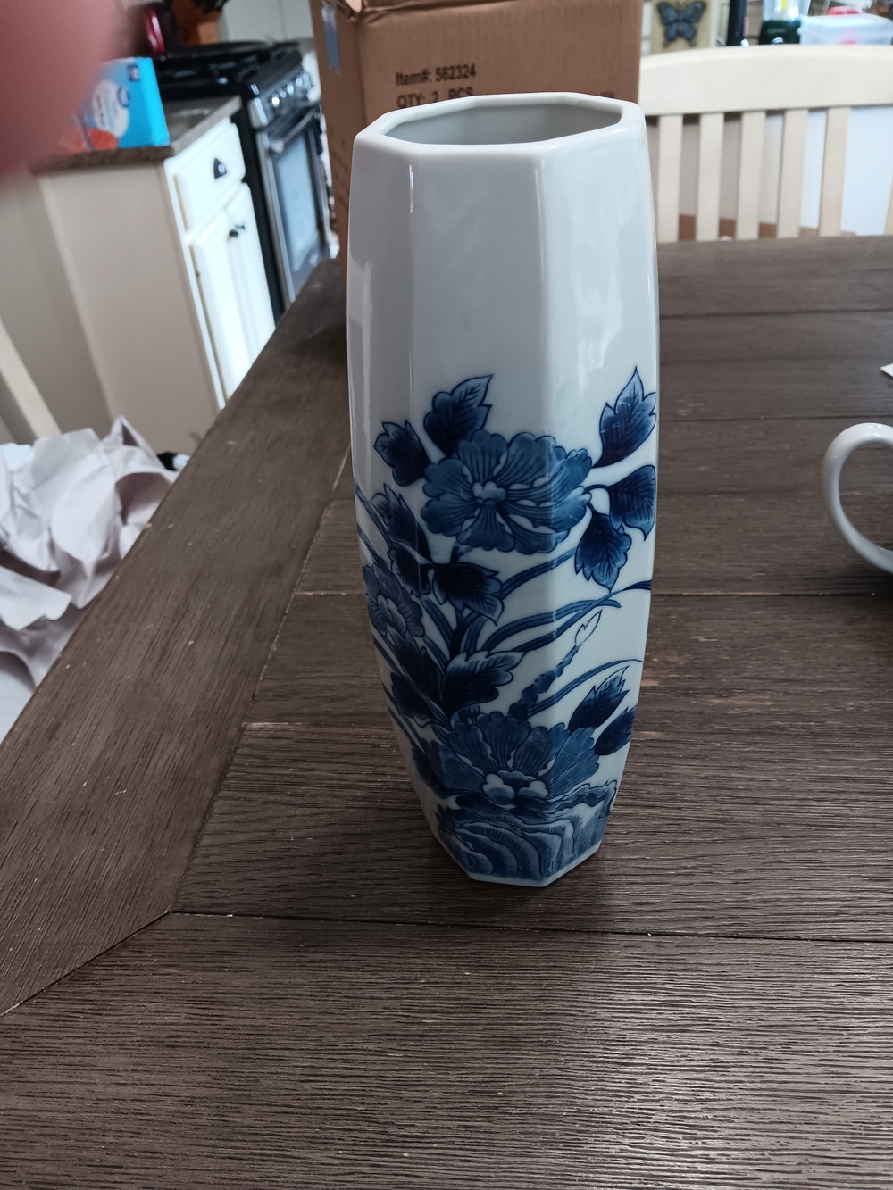 Blue and White Floral Hexagonal Ceramic Vase